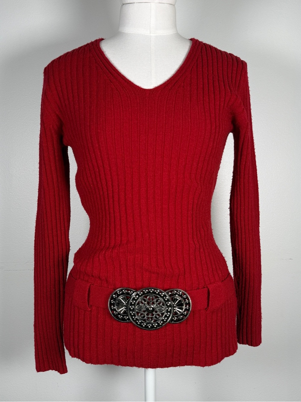 Y2K Red Ribbed V-Neck Women’s Sweater